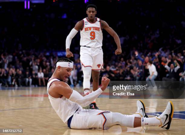 Josh Hart and RJ Barrett of the New York Knicks celebrate after Hart drew the foul in the fourth quarter against the Miami Heat during game two of...