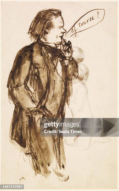 Of Course! Caricature of William Holman Hunt, 1851 by Dante Gabriel Rossetti, Three quarter-length male figure in profile to the right. Smoking a...