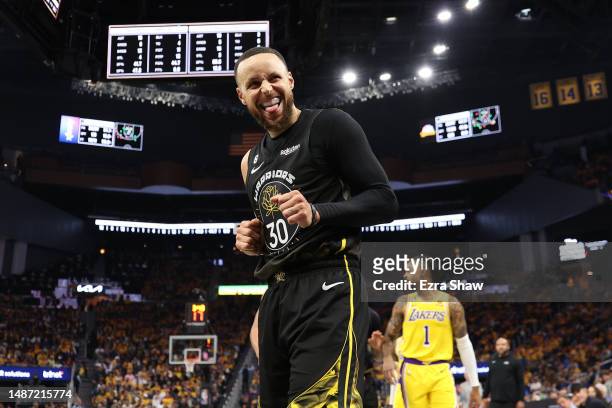 Stephen Curry of the Golden State Warriors reacts during the second quarter in game one of the Western Conference Semifinal Playoffs against the Los...