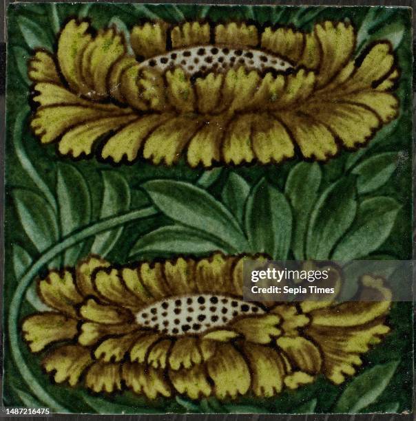 Wall Tile, William de Morgan Collection, 1882-1888, Transfer decorated or painted in 'Persian' colours with the 'Marlborough' pattern, a yellow...