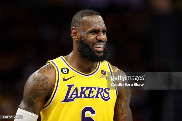LeBron James of the Los Angeles Lakers reacts during the third quarter in game one of the Western Conference Semifinal Playoffs against the Golden...