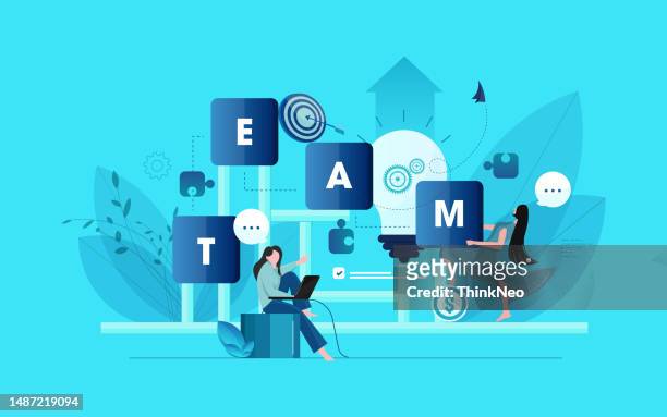 bildbanksillustrationer, clip art samt tecknat material och ikoner med business team connect puzzles, cartoon happy young team of characters connecting puzzle pieces together - business corporate illustration arrow