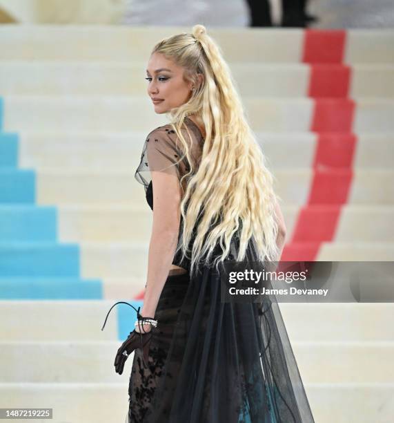 Gigi Hadid arrives to The 2023 Met Gala Celebrating "Karl Lagerfeld: A Line Of Beauty" at The Metropolitan Museum of Art on May 01, 2023 in New York...