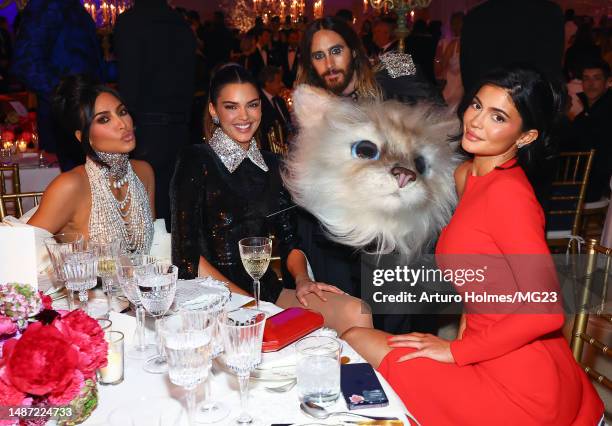 Kim Kardashian, Kendall Jenner, Jared Leto and Kylie Jenner attend The 2023 Met Gala Celebrating "Karl Lagerfeld: A Line Of Beauty" at Metropolitan...