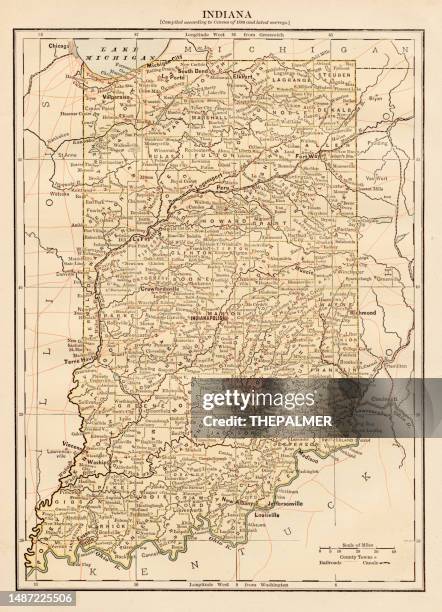 map of the state of indiana, usa 1878 - indianapolis map stock illustrations