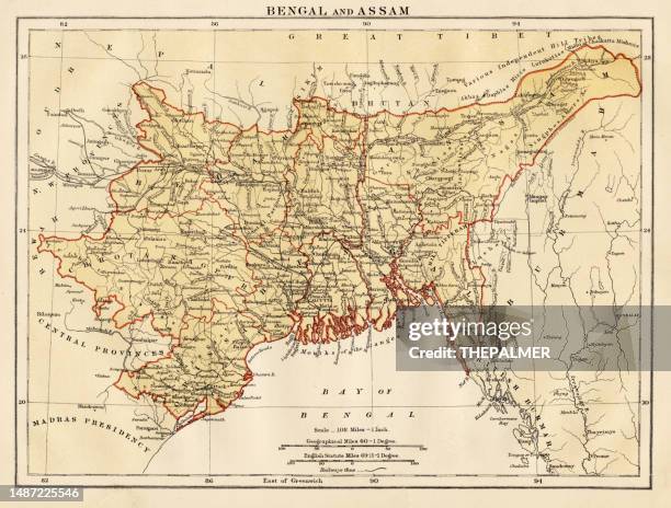 map of bengal and assam 1878 - paper dosa stock illustrations