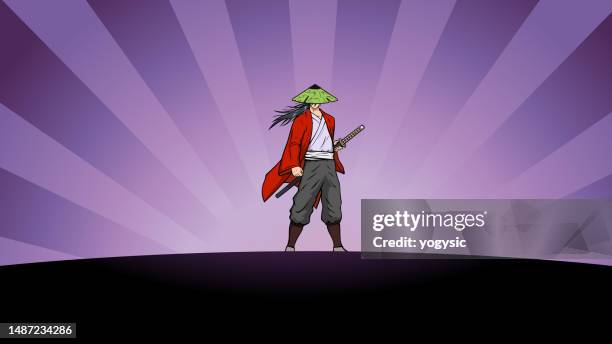 stockillustraties, clipart, cartoons en iconen met vector anime lone samurai with sunburst background stock illustration - mangastijl