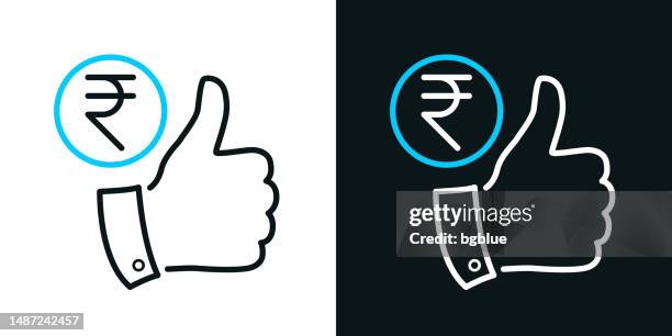 indian rupee coin with thumbs up. bicolor line icon on black or white background - editable stroke - black thumbs up white background stock illustrations