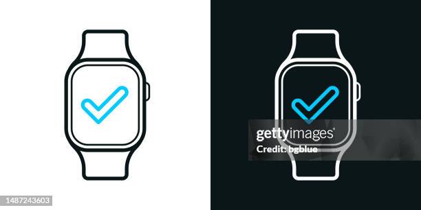 smartwatch with check mark. bicolor line icon on black or white background - editable stroke - checking smart watch stock illustrations