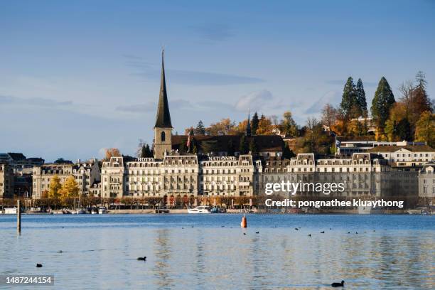 lucerne lake with the city in the background in a beautiful morning. - lake lucerne stock pictures, royalty-free photos & images
