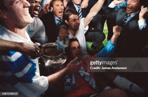 Finale de la Ligue des champions de l'UEFA 1993, Olympique de Marseille vs AC Milan. Marseille gagne 1-0. Les joueurs marseillais célèbrent la...