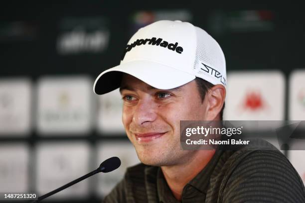 Guido Migliozzi of Italy speaks in a press conference ahead of the Pro-Am prior to the DS Automobiles Italian Open at Marco Simone Golf Club on May...