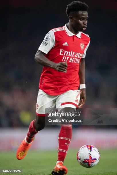 Bukayo Saka of Arsenal during the Premier League match between Arsenal FC and Southampton FC at Emirates Stadium on April 21, 2023 in London, England.