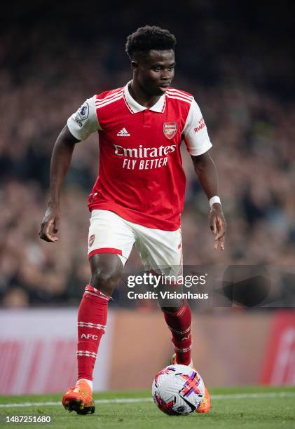 Bukayo Saka of Arsenal during the Premier League match between Arsenal FC and Southampton FC at Emirates Stadium on April 21, 2023 in London, England.