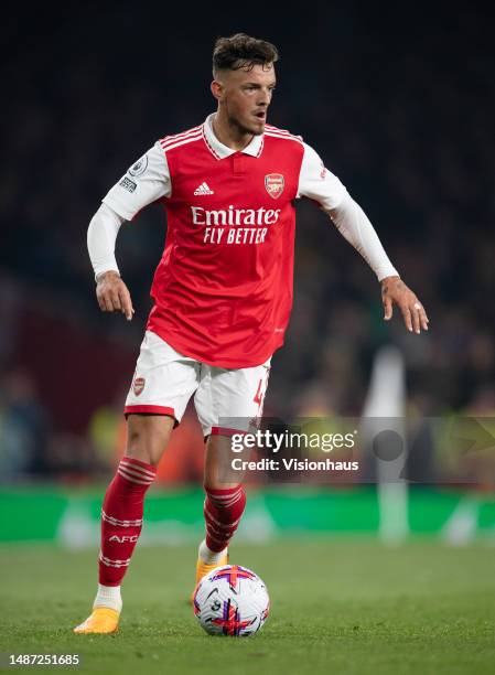 Ben White of Arsenal during the Premier League match between Arsenal FC and Southampton FC at Emirates Stadium on April 21, 2023 in London, England.