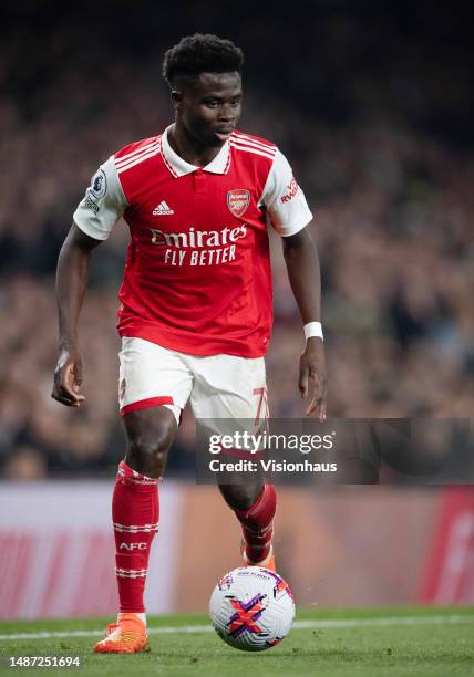 Bukayo Saka of Arsenal during the Premier League match between Arsenal FC and Southampton FC at Emirates Stadium on April 21, 2023 in London, England.