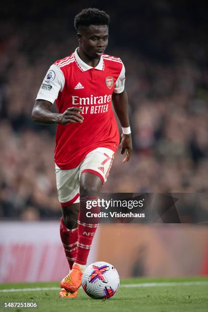 Bukayo Saka of Arsenal during the Premier League match between Arsenal FC and Southampton FC at Emirates Stadium on April 21, 2023 in London, England.