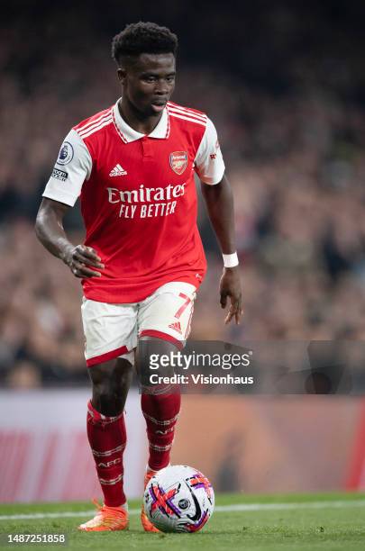 Bukayo Saka of Arsenal during the Premier League match between Arsenal FC and Southampton FC at Emirates Stadium on April 21, 2023 in London, England.