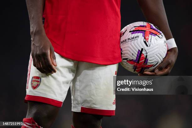 Bukayo Saka of Arsenal during the Premier League match between Arsenal FC and Southampton FC at Emirates Stadium on April 21, 2023 in London, England.