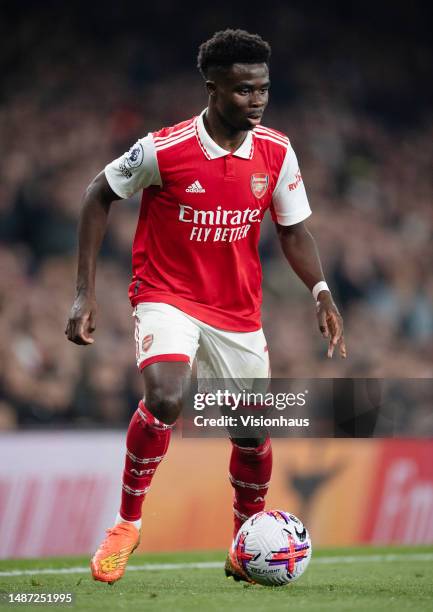 Bukayo Saka of Arsenal during the Premier League match between Arsenal FC and Southampton FC at Emirates Stadium on April 21, 2023 in London, England.