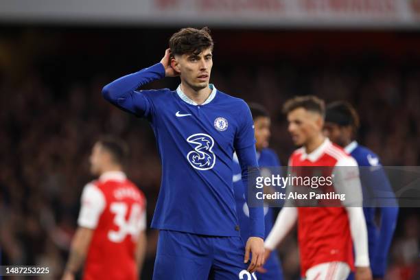 Kai Havertz of Chelsea reacts during the Premier League match between Arsenal FC and Chelsea FC at Emirates Stadium on May 02, 2023 in London,...