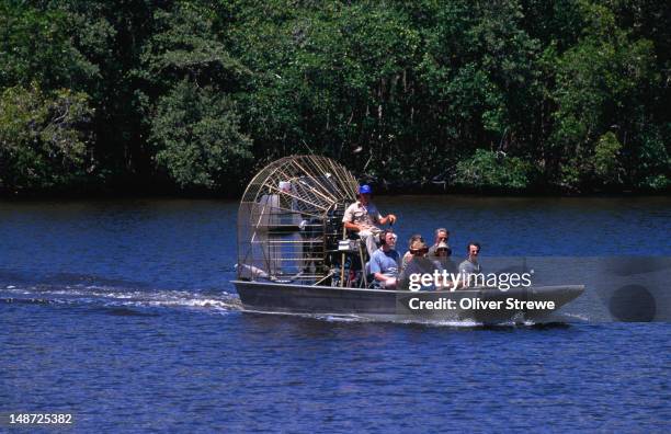 people on airboat, flamingo point. - airboat stock pictures, royalty-free photos & images