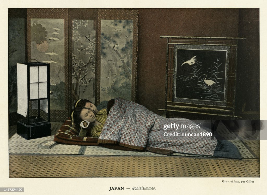 Two women asleep on a Japanese tatami or futon sleeping mat, takamakura, History Japan 1890s, 19th Century