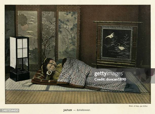 two women asleep on a japanese tatami or futon sleeping mat, takamakura, history japan 1890s, 19th century - pillow stock illustrations