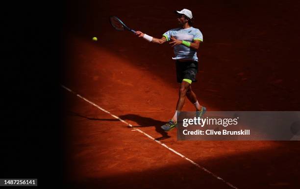 Borna Coric of Croatia plays a forehand against Alejandro Davidovich Fokina of Spain during the Men's Singles Fourth Round match on Day Nine of the...