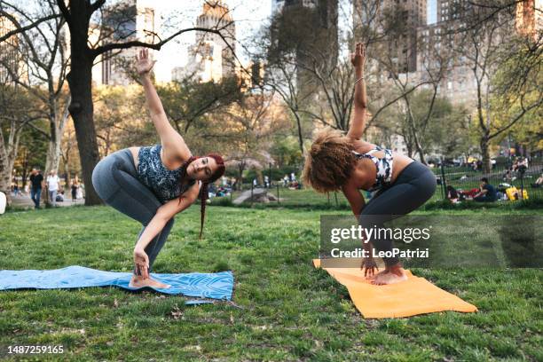 entrenamiento personal de yoga en central park - yogi fotografías e imágenes de stock