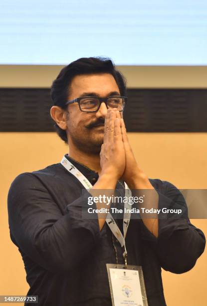 New Delhi, India – April 26: Bollywood actor Aamir Khan at the national conclave on 'Mann Ki Baat @100' at Vigyan Bhawan in New Delhi on April 26,...