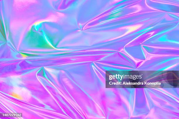 modern bright neon purple, magenta pink, mint blue metallic optimistic festive crumpled holographic foil texture. 80s, 90s, 2000s retro style background - holographic foil stock pictures, royalty-free photos & images