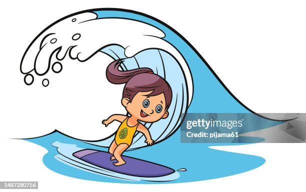 surfer girl riding a surfboard - surfer girl stock illustrations