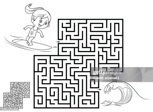 illustrazioni stock, clip art, cartoni animati e icone di tendenza di gioco di labirinto per bambini. ragazza surfista che cavalca una tavola da surf. bianco e nero - colorare