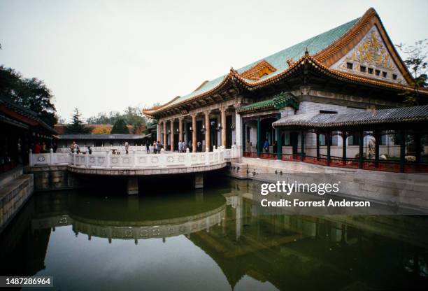 View of a bridge and building a the Zhongnanhai Communist Party headquarters, Beijing, China, October 31, 1987.