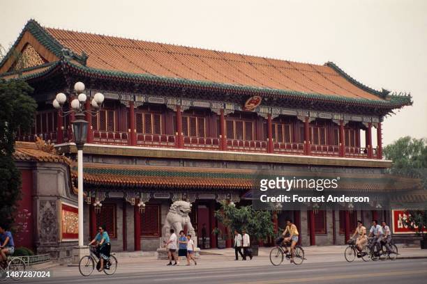 View, across a road, of the main gate to Zhongnanhai Communist Party headquarters, Beijing, China, July 15, 1991.