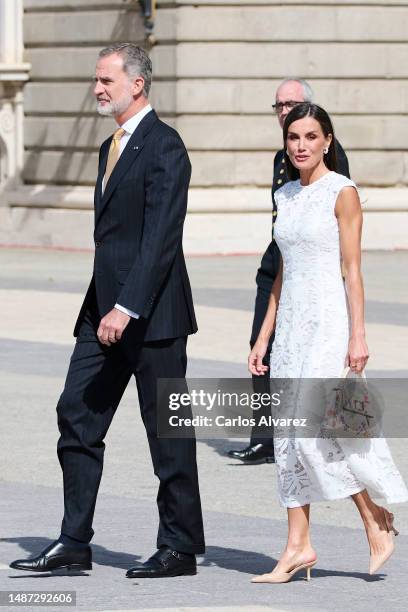 King Felipe VI of Spain and Queen Letizia of Spain wait for the President of Colombia Gustavo Francisco Petro and his wife Veronica Alcocer at the...