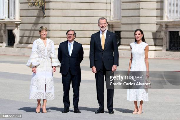 King Felipe VI of Spain and Queen Letizia of Spain receive the President of Colombia Gustavo Francisco Petro and his wife Veronica Alcocer at the...