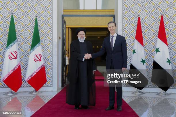 Syria's President Bashar al-Assad officially welcomed Iran President Ebrahim Raisi at Syrian Presidential Palace on May 03, 2023 in Damascus, Syria.