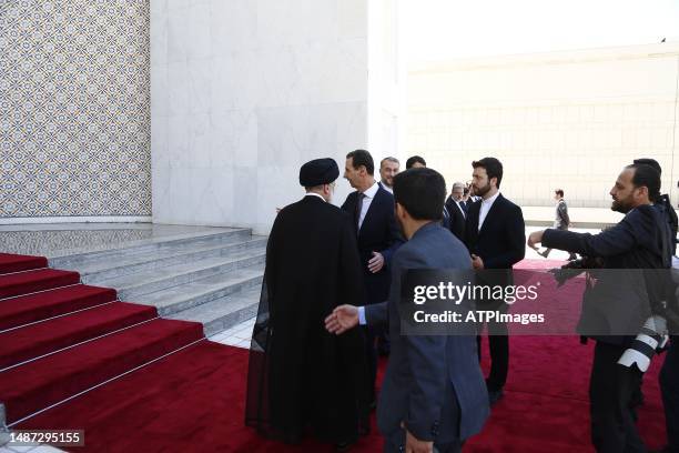 Syria's President Bashar al-Assad officially welcomed Iran President Ebrahim Raisi at Syrian Presidential Palace on May 03, 2023 in Damascus, Syria.