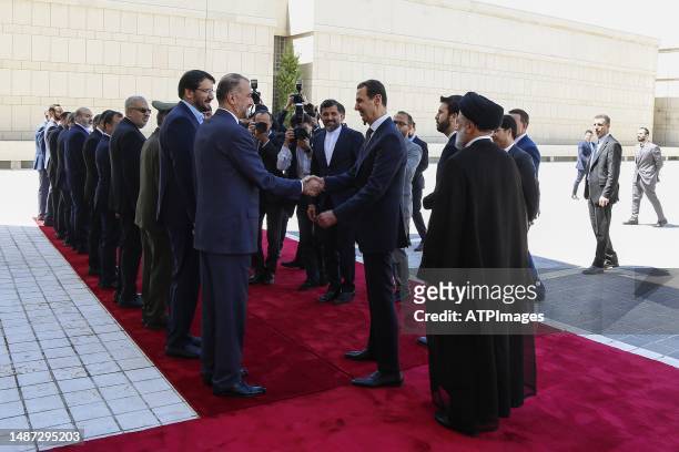 Syria's President Bashar al-Assad officially welcomed Hossein Amir-Abdollahian Minister of Foreign Affairs of Iran at Syrian Presidential Palace on...