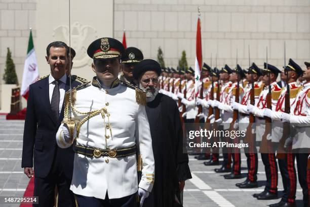 Syria's President Bashar al-Assad officially welcomed Iran President Ebrahim Raisi at Syrian Presidential Palace on May 03, 2023 in Damascus, Syria.