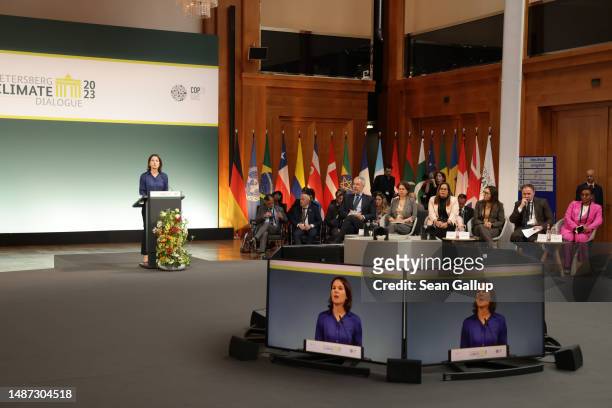 German Foreign Minister Annalena Baerbock speaks on the second and final day of the Petersberg Climate Dialogue on May 3, 2023 in Berlin, Germany....
