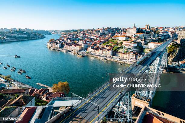 aerial view of porto, portugal and dom luis bridge - porto district portugal stockfoto's en -beelden