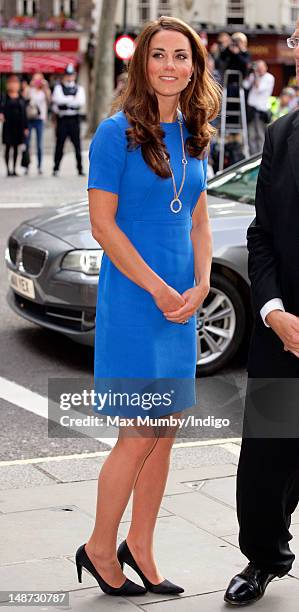 Catherine, Duchess of Cambridge in her role as patron, visits the 'Road to 2012: Aiming High' exhibition at the National Portrait Gallery on July 19,...