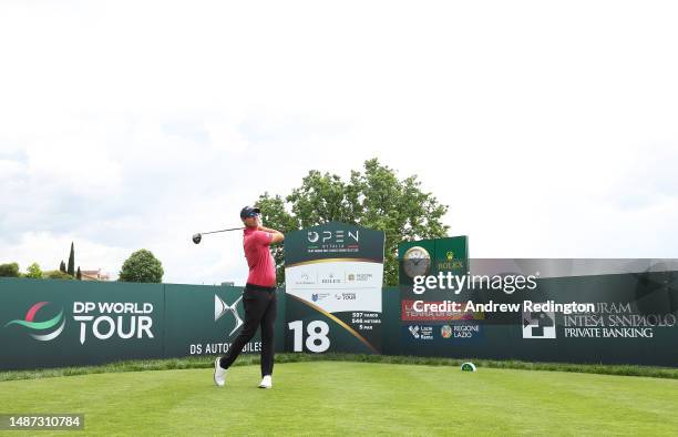 Nicolas Colsaerts of Belgium tees off on the 18th hole during the Pro-Am prior to the DS Automobiles Italian Open at Marco Simone Golf Club on May...