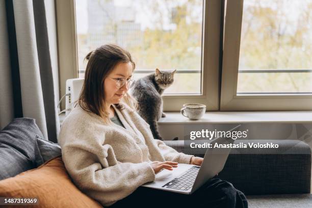 young woman working at home remotely using a laptop while sitting on the sofa - cat work stockfoto's en -beelden