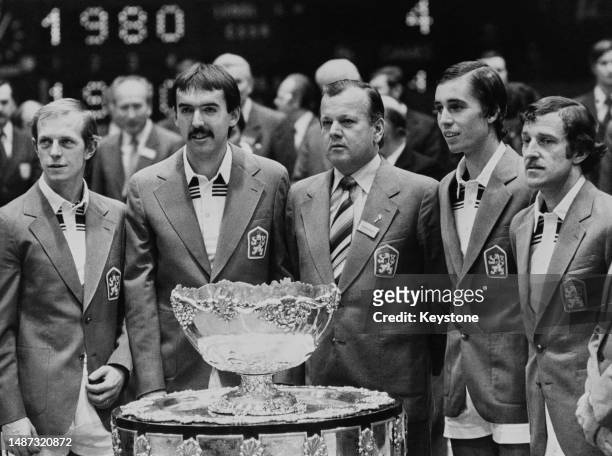 The Czech Davis Cup Team with their trophy, after winning the final against Italy, from left: Pavel Slozil, Tomas Smid, Antonin Bolard, Ivan Lendl...