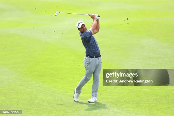 Edoardo Molinari of Italy plays their second shot on the 1st hole during the Pro-Am prior to the DS Automobiles Italian Open at Marco Simone Golf...