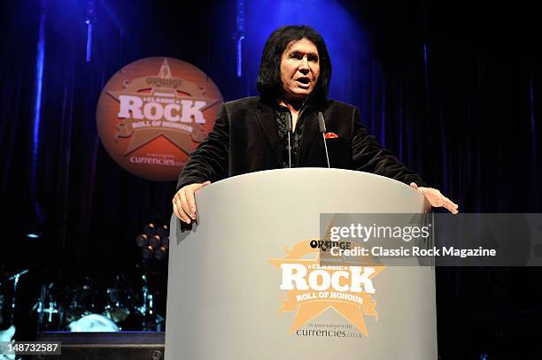 Frontman Gene Simmons hosting the Classic Rock Roll of Honour Awards at The Roundhouse on November 9, 2011 in London.